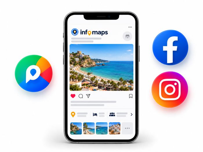Aplicación de viajes con iconos sociales flotantes ES